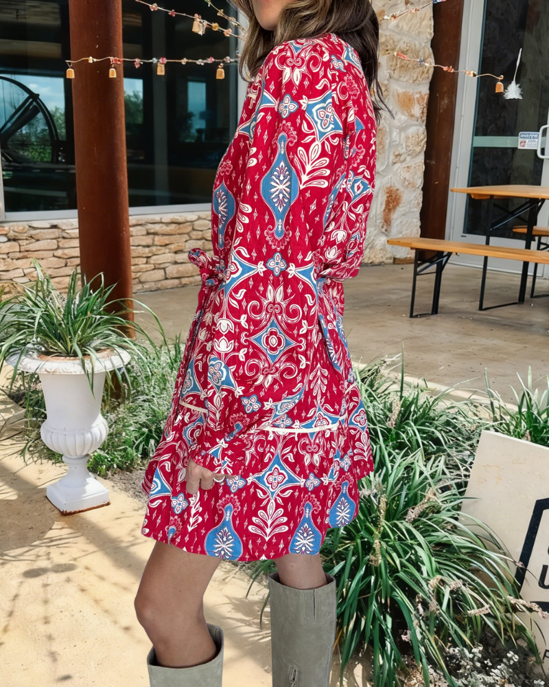 Geometric Floral Button Mini Dress