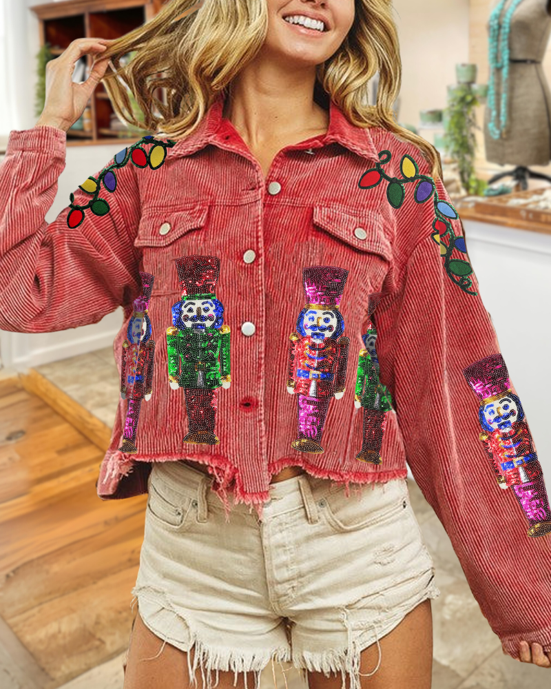 Playful Holiday Nutcracker Sequin Washed Jacket