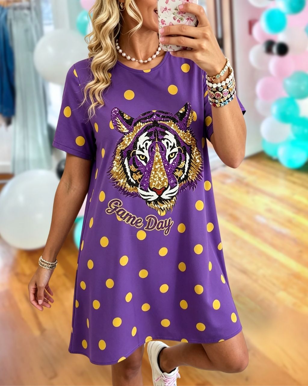 Game Day Tiger Sequin Polka-Dot Dress