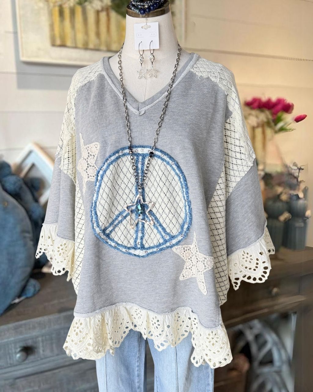 Peace Sign Embroidery Lace Patchwork Top