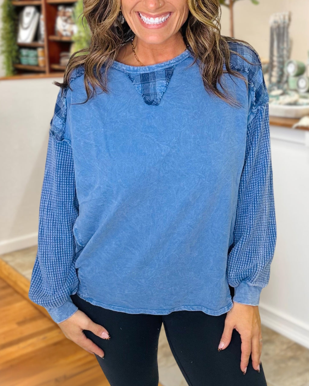 Plaid Waffle Colorblock Washed Sweatshirt