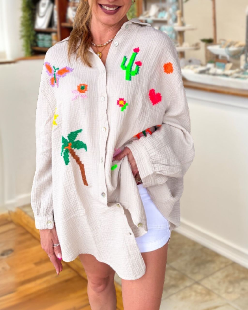 Oversized Palm Tree Embroidered Shirt