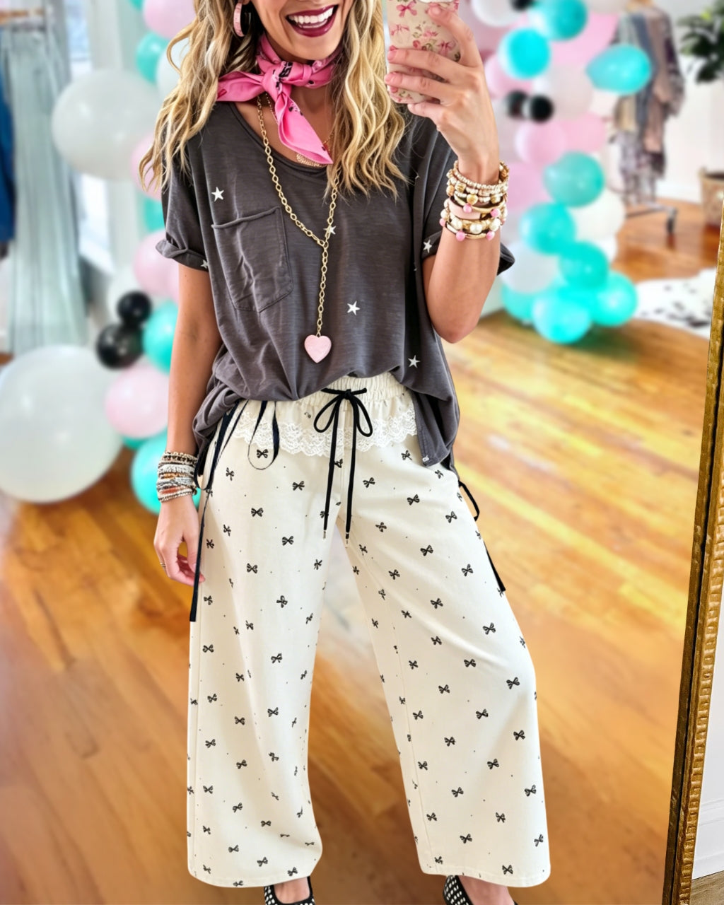 Bow Lace-trimmed Wide-leg Pants