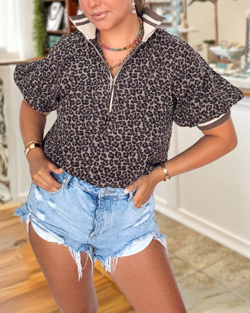 Cool Cheetah Print Collared Top