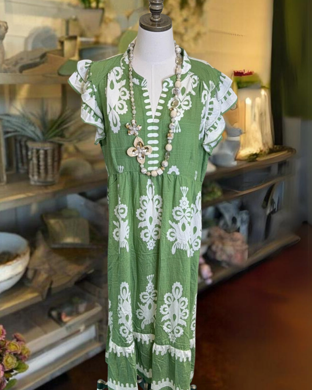 Ruffled Sleeve Pattern Maxi Dress