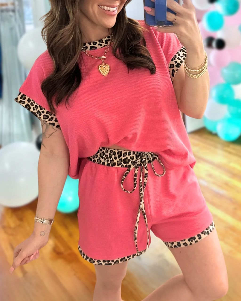 Ribbed Leopard Print Trim Shorts Set