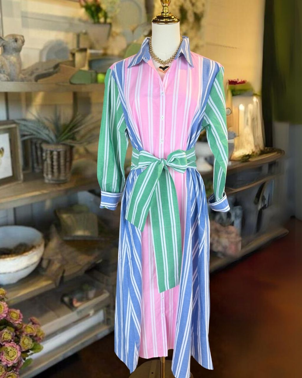 Color-blocked Striped Shirt Dress