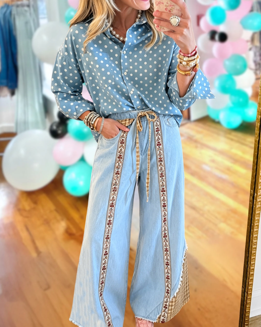 Floral Ribbon Patchwork Denim Pants