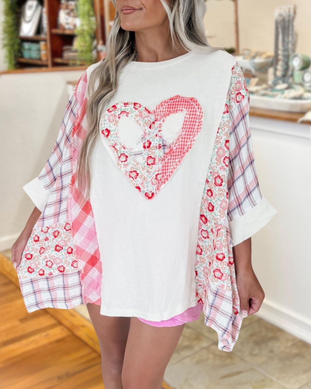Plaid Floral Patchwork Heart-shaped Top