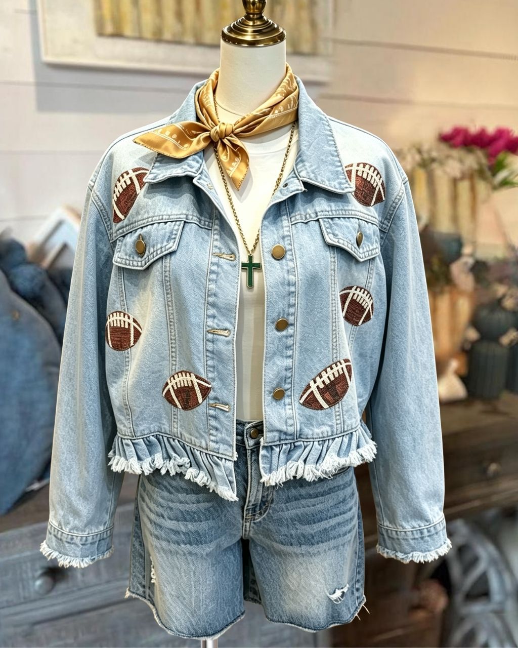 Football Sequined Frayed Denim Jacket