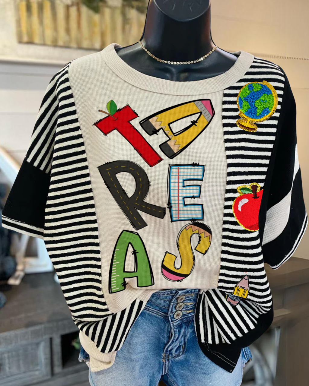 Playful Letter Sequin Striped T-shirt