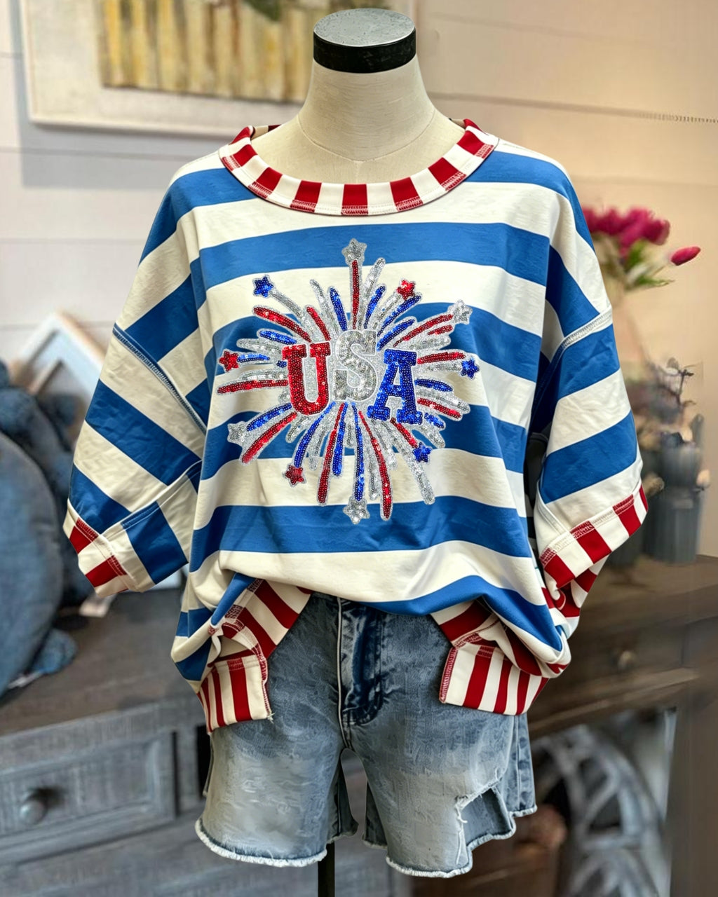 USA Fireworks Sequin Striped Top