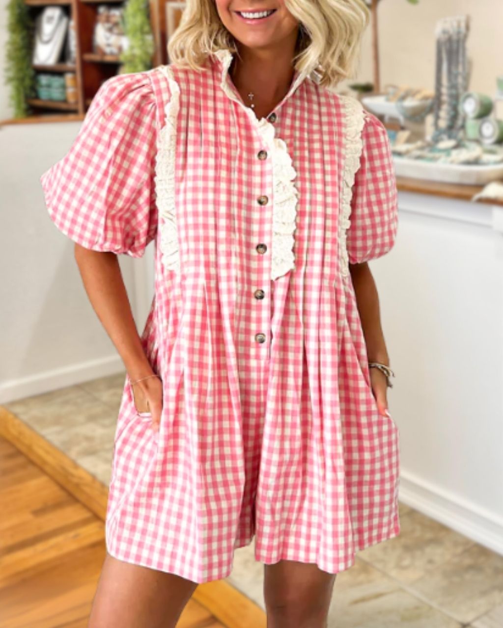 Plaid Lace-trimmed Puff Sleeve Jumpsuit