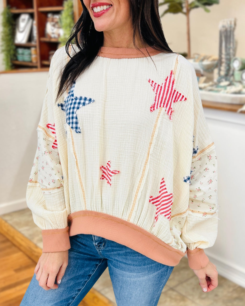 Flag Star Embroidered Patch Pullover