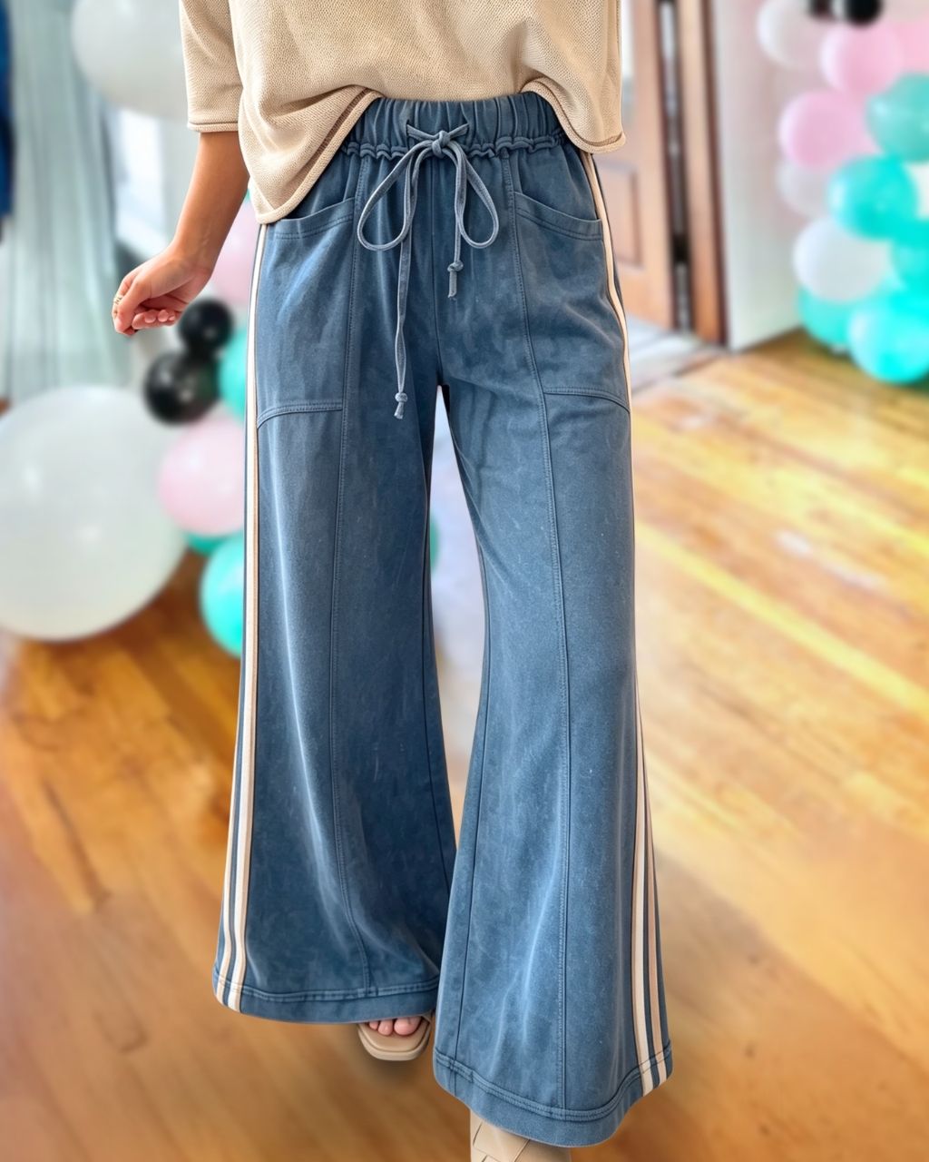 Side-Stripe Washed French Terry Denim Pants