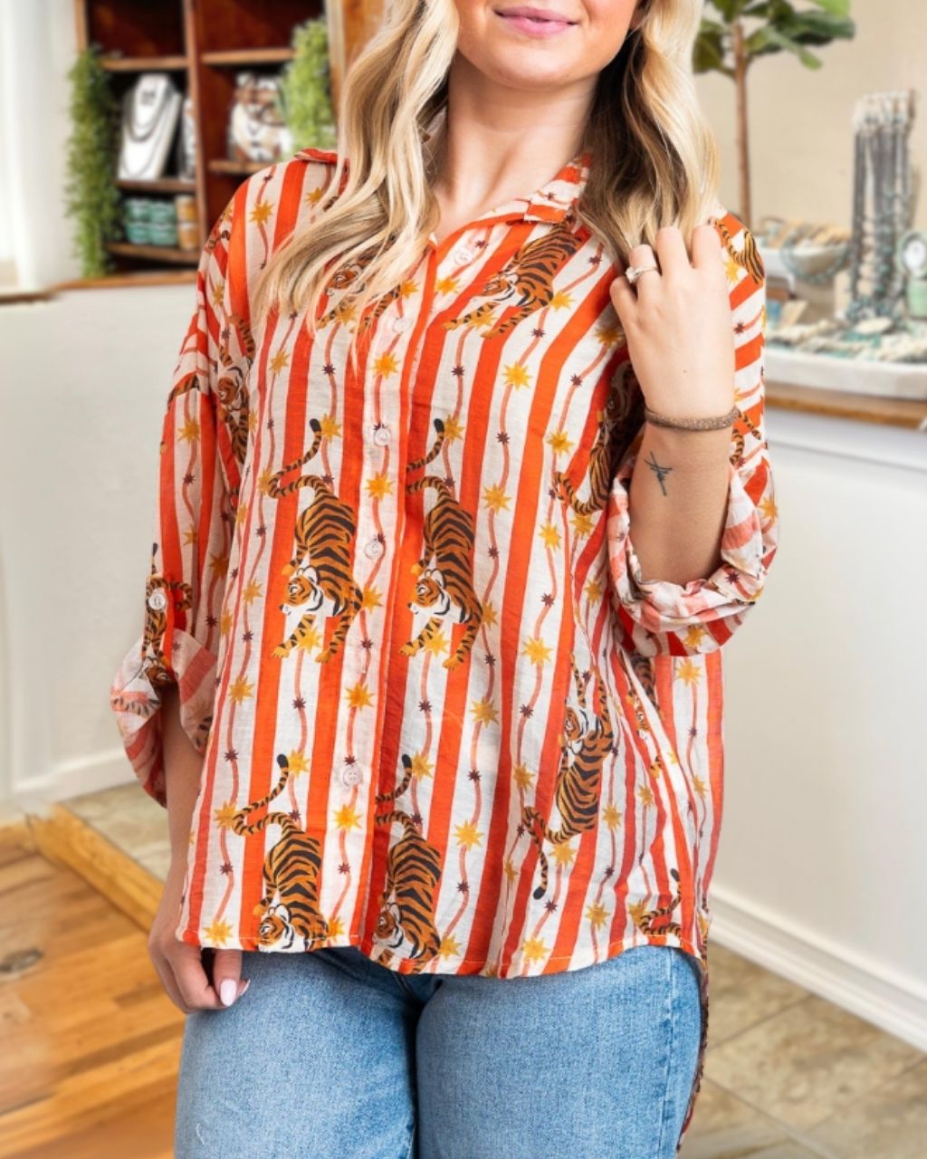 Casual Striped Tiger Print Top