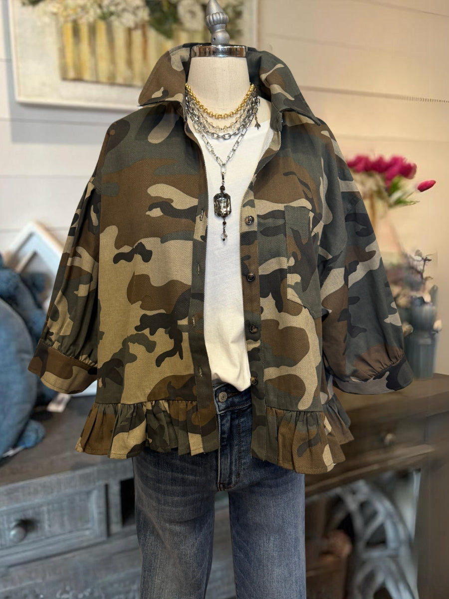 Camouflage Ruffled Hem Jacket