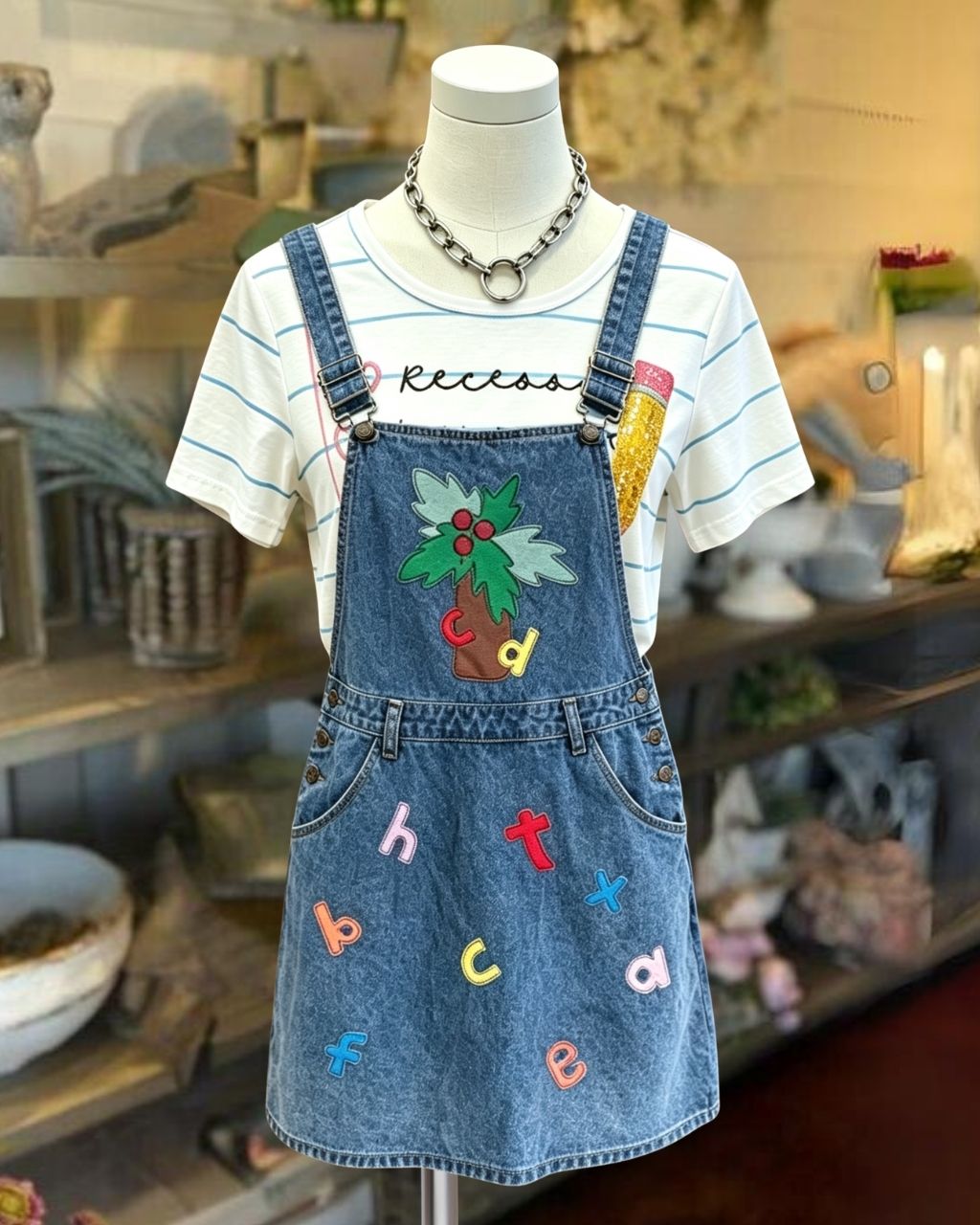 Letter Embroidery Denim Overalls