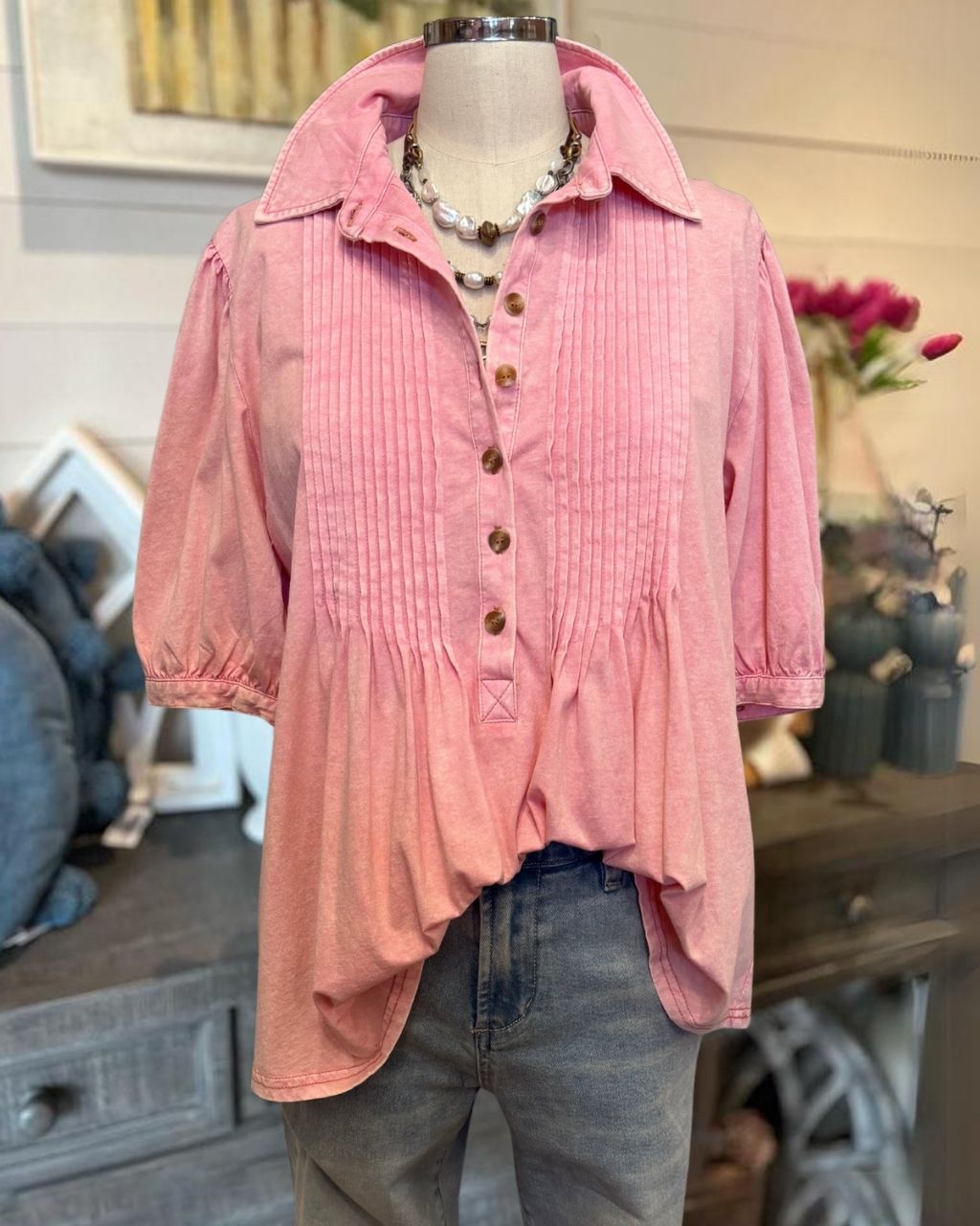 Washed Pleated Half-open Collar Top