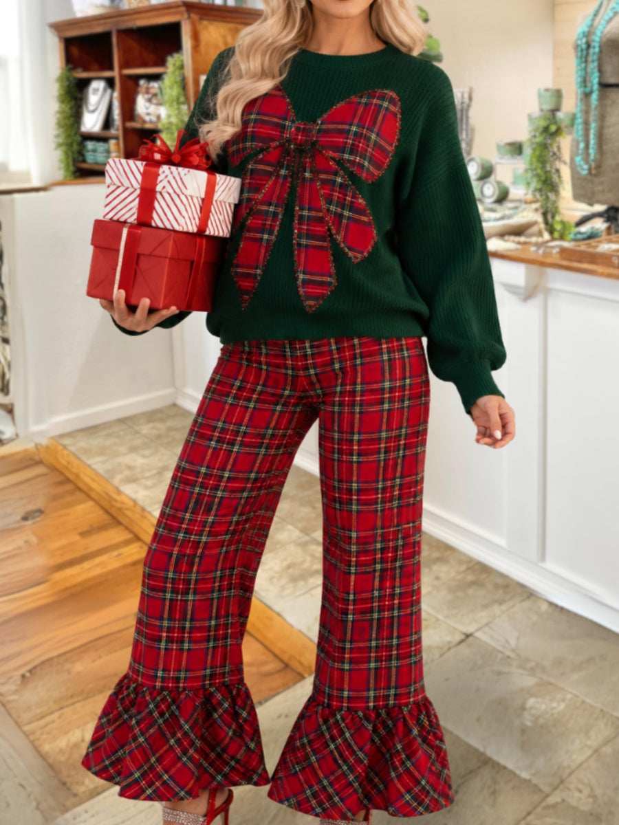 Christmas Plaid Ruffled Flared Pants