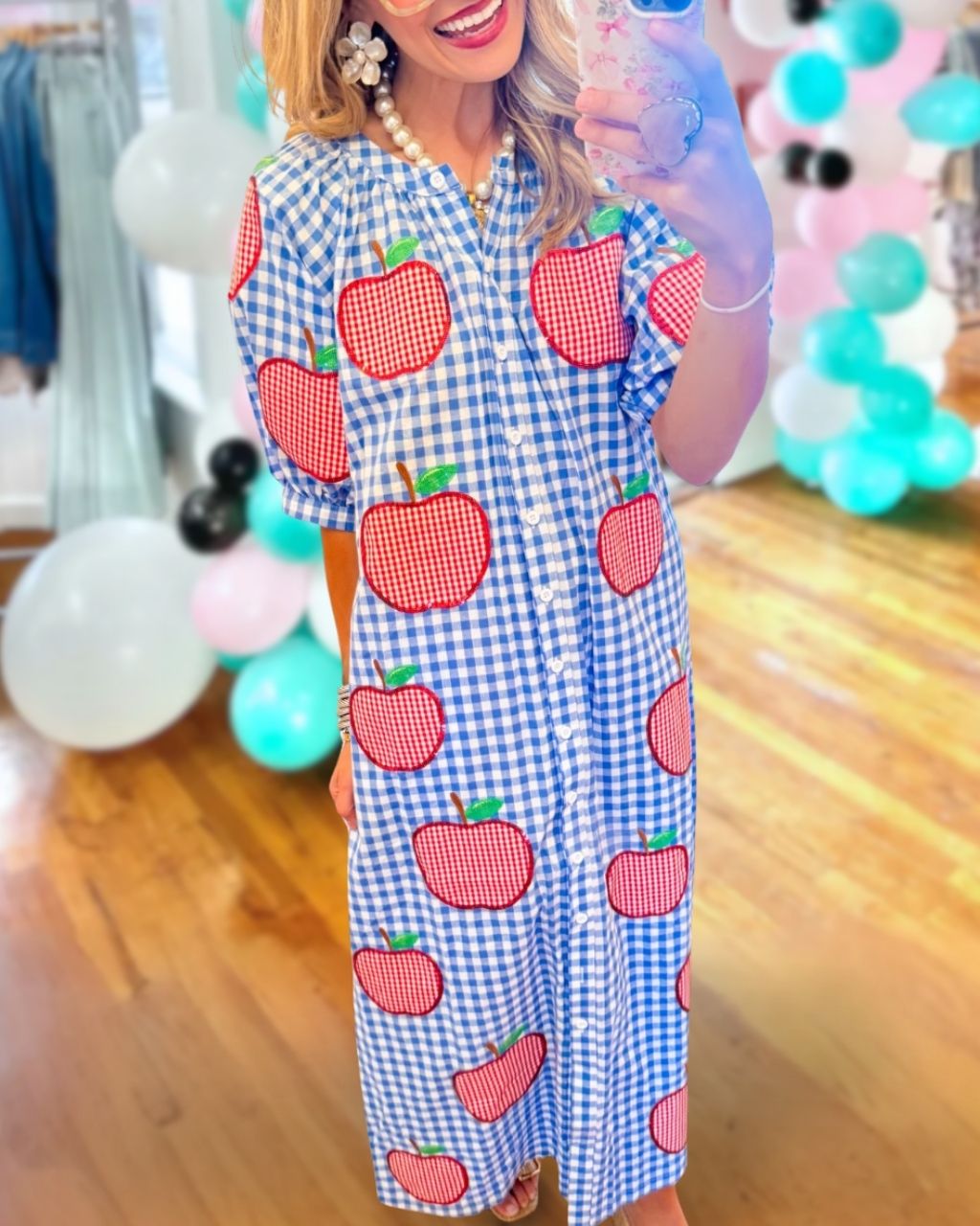 Apple Patterned Plaid Shirt Dress