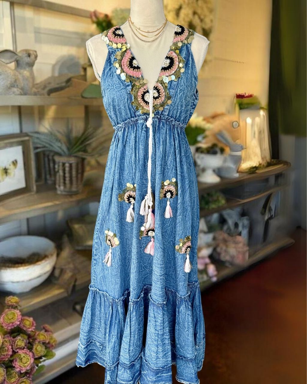 Bohemian Denim Embroidered Dress