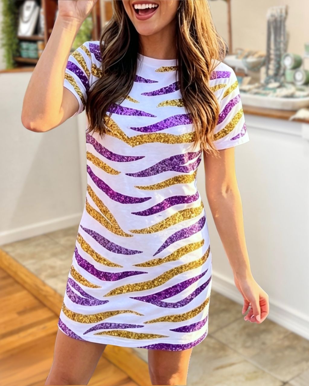 Tiger-Stripe Sequin Match-Day Dress
