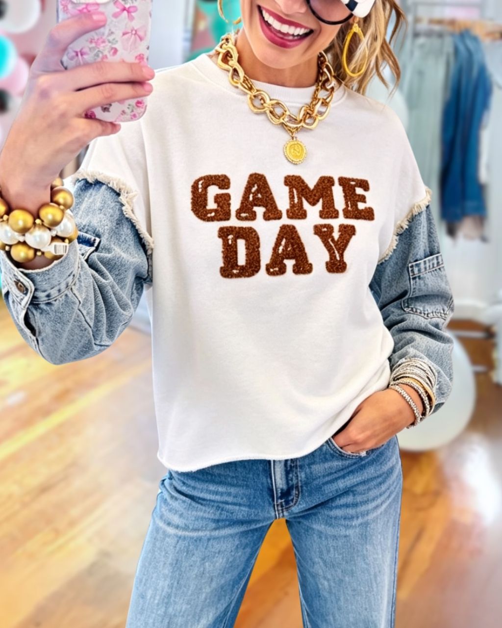 Game Day Embroidered Denim Patchwork Sleeve Pullover