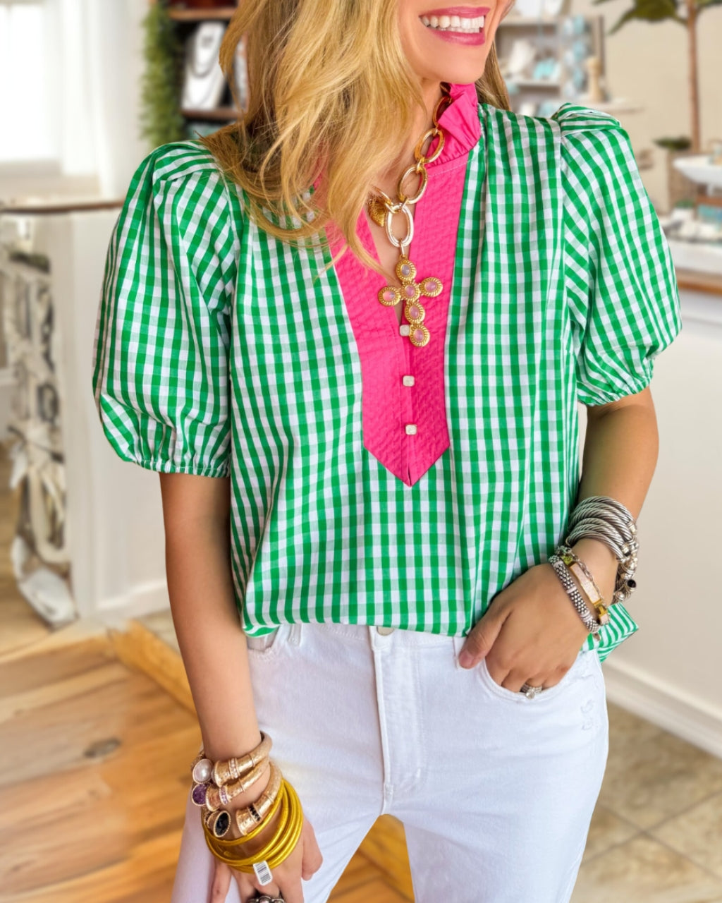 Color-blocked V-neck Plaid Top