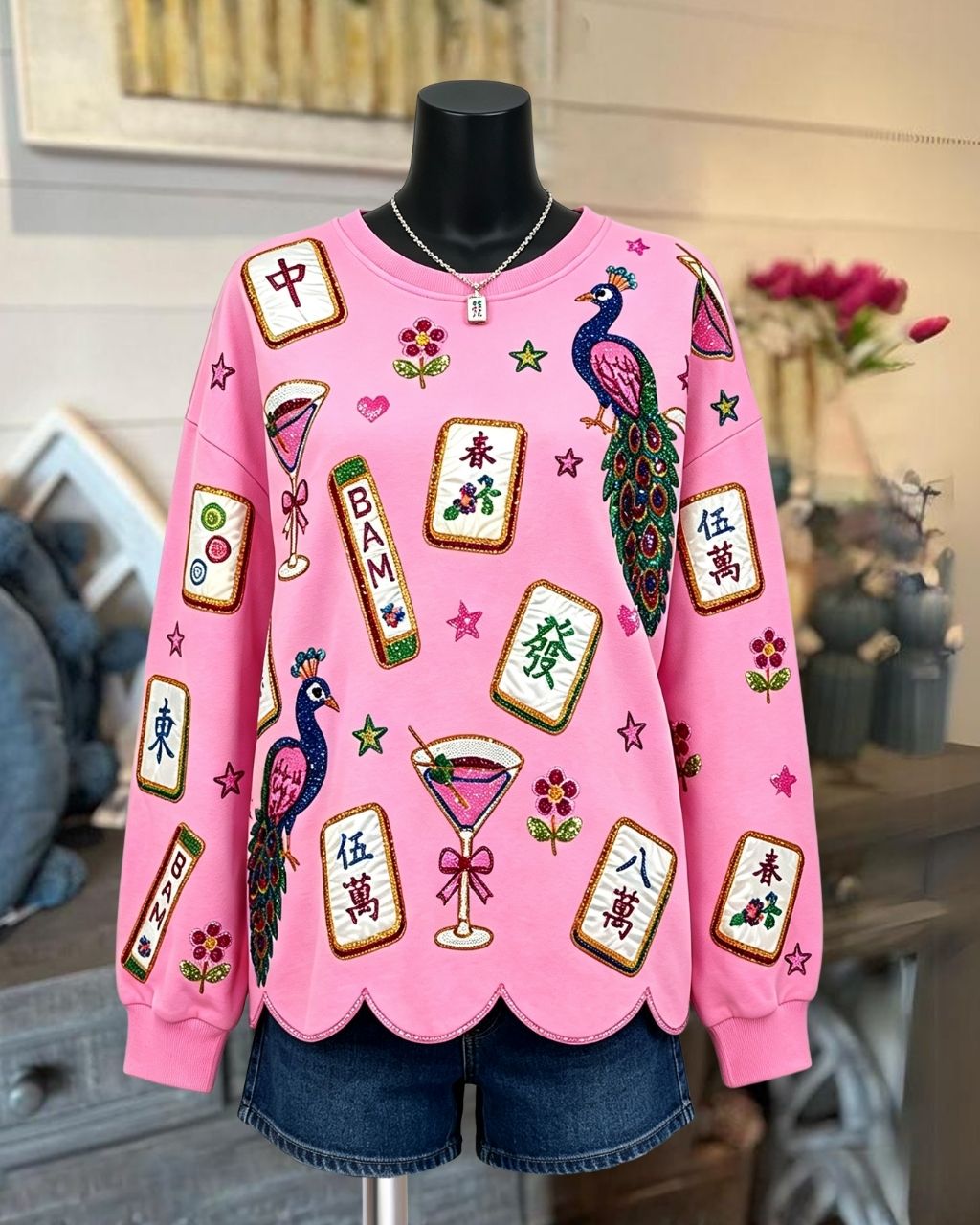 Mahjong Sequined Wavy Hem Pullover