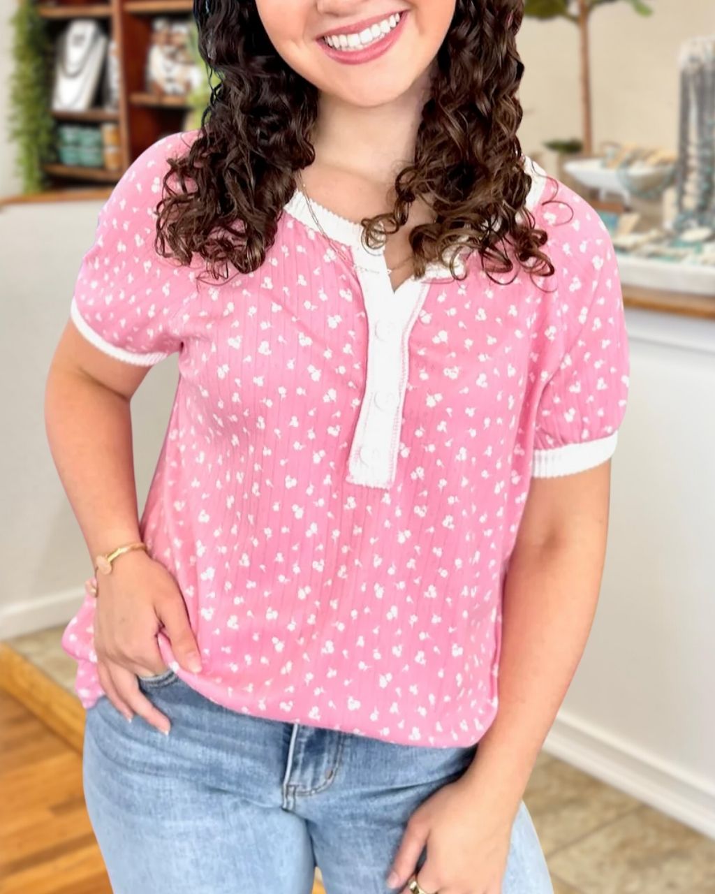 Floral Pleated Henley Collar Top
