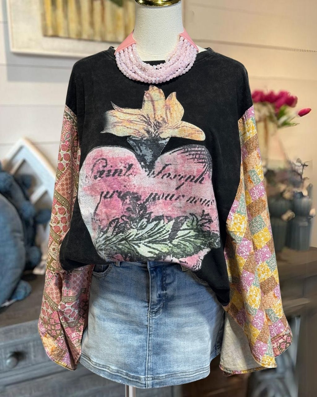 Vintage Washed Heart Patchwork Top