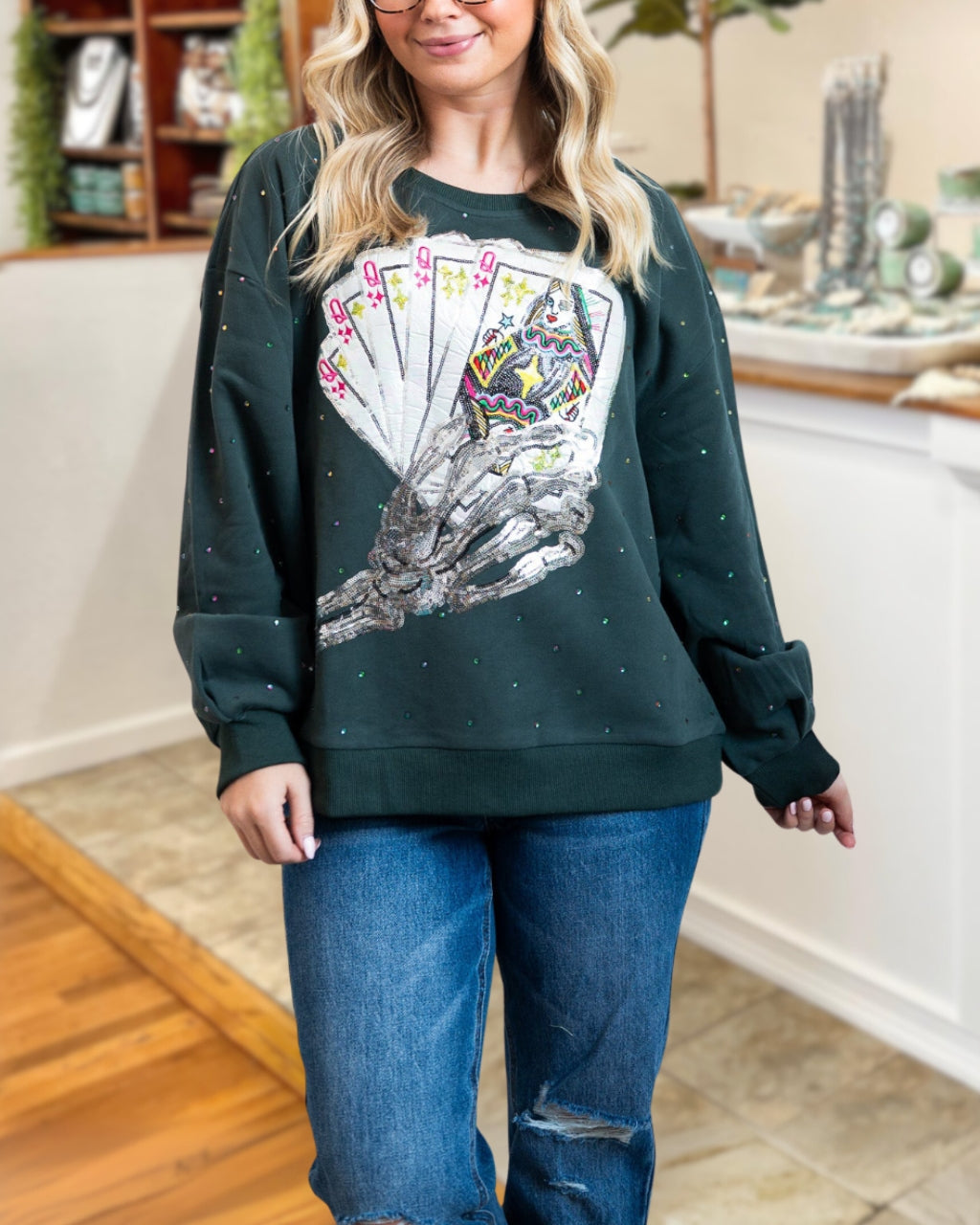 Skeleton Poker Sequined Rhinestone Pullover