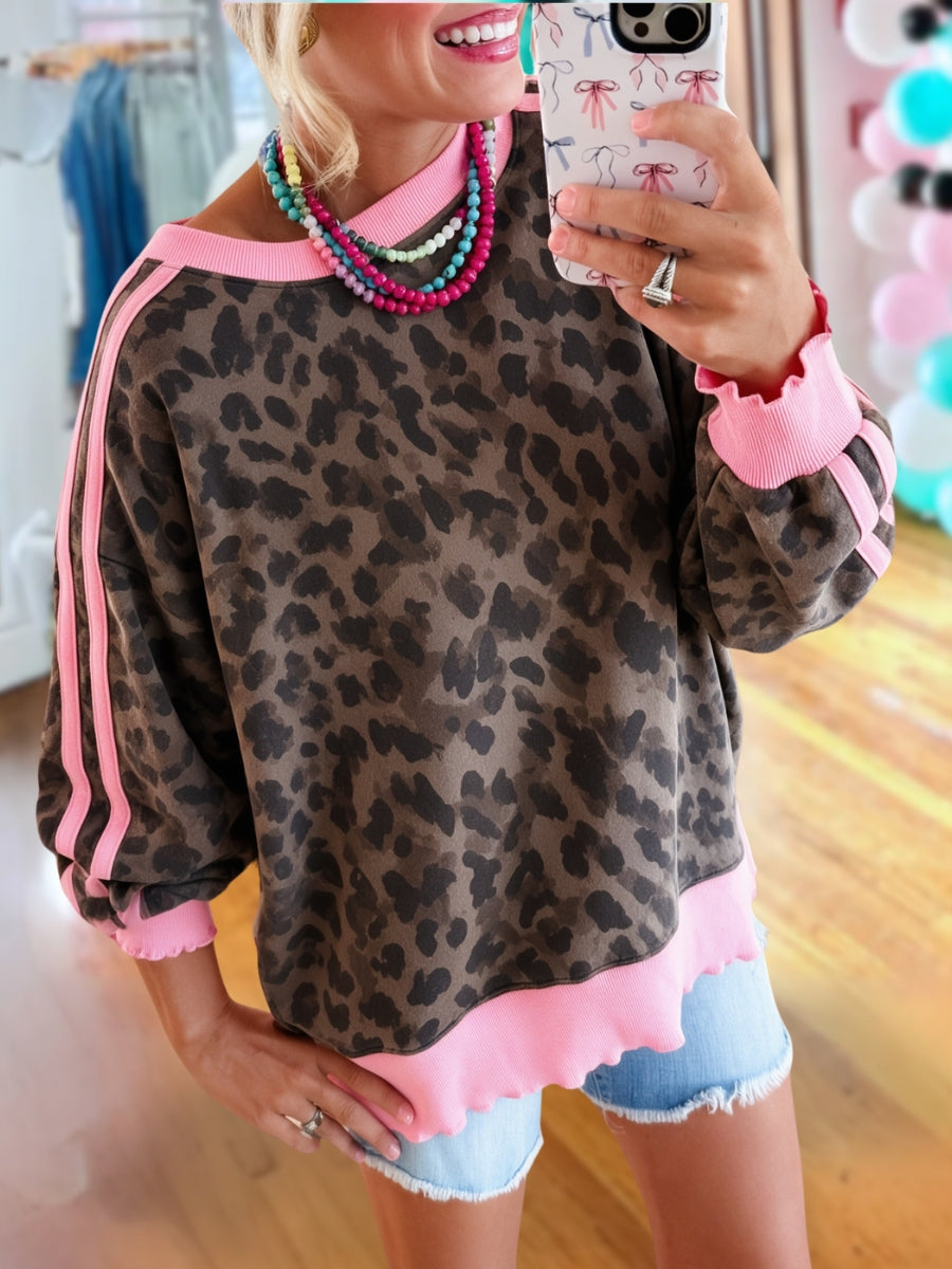 Leopard Print Color-Blocked Side Stripe Pullover