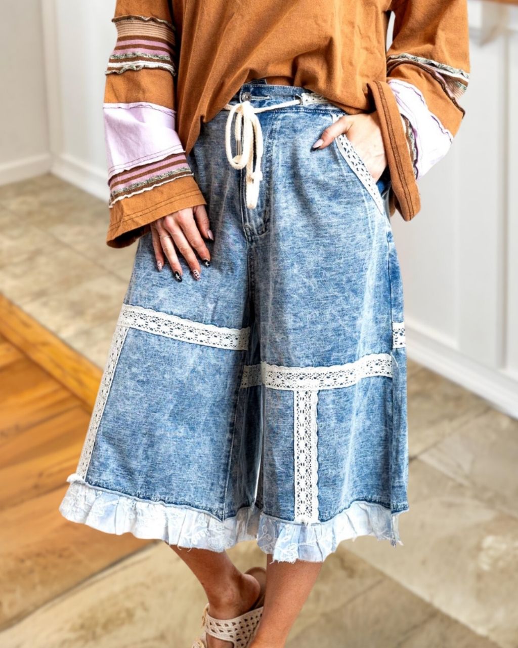 Denim Lace-Panel Cropped Wide-Leg Pants