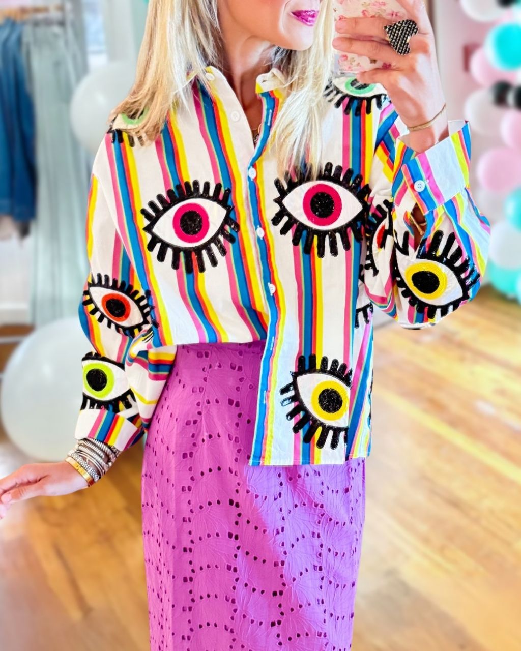 Rainbow-striped Evil Eye Sequin Shirt