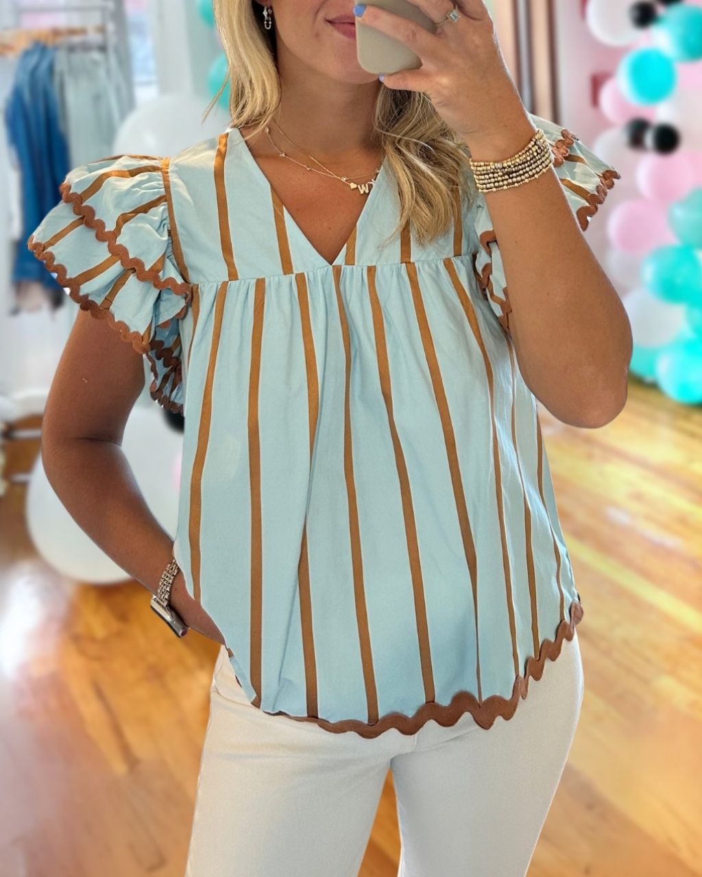 Striped Ruffled Wavy Trim Satin Top