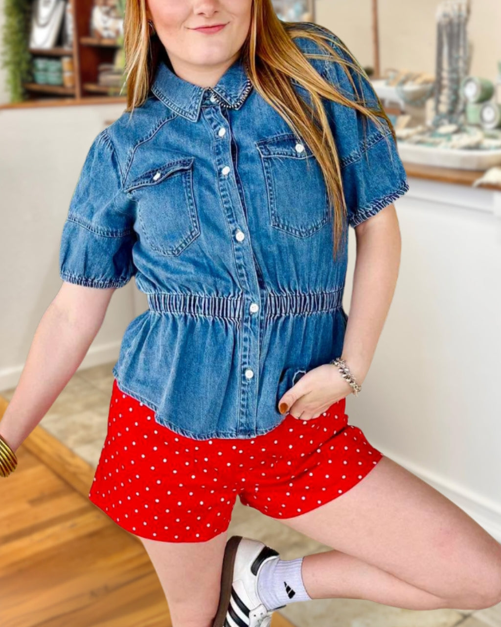 Waist-cinching Washed Denim Shirt