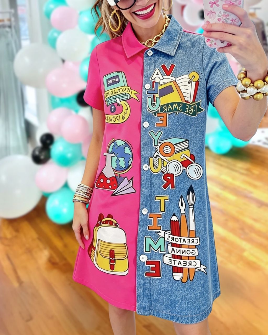 School Supplies Denim Patchwork Shirt Dress