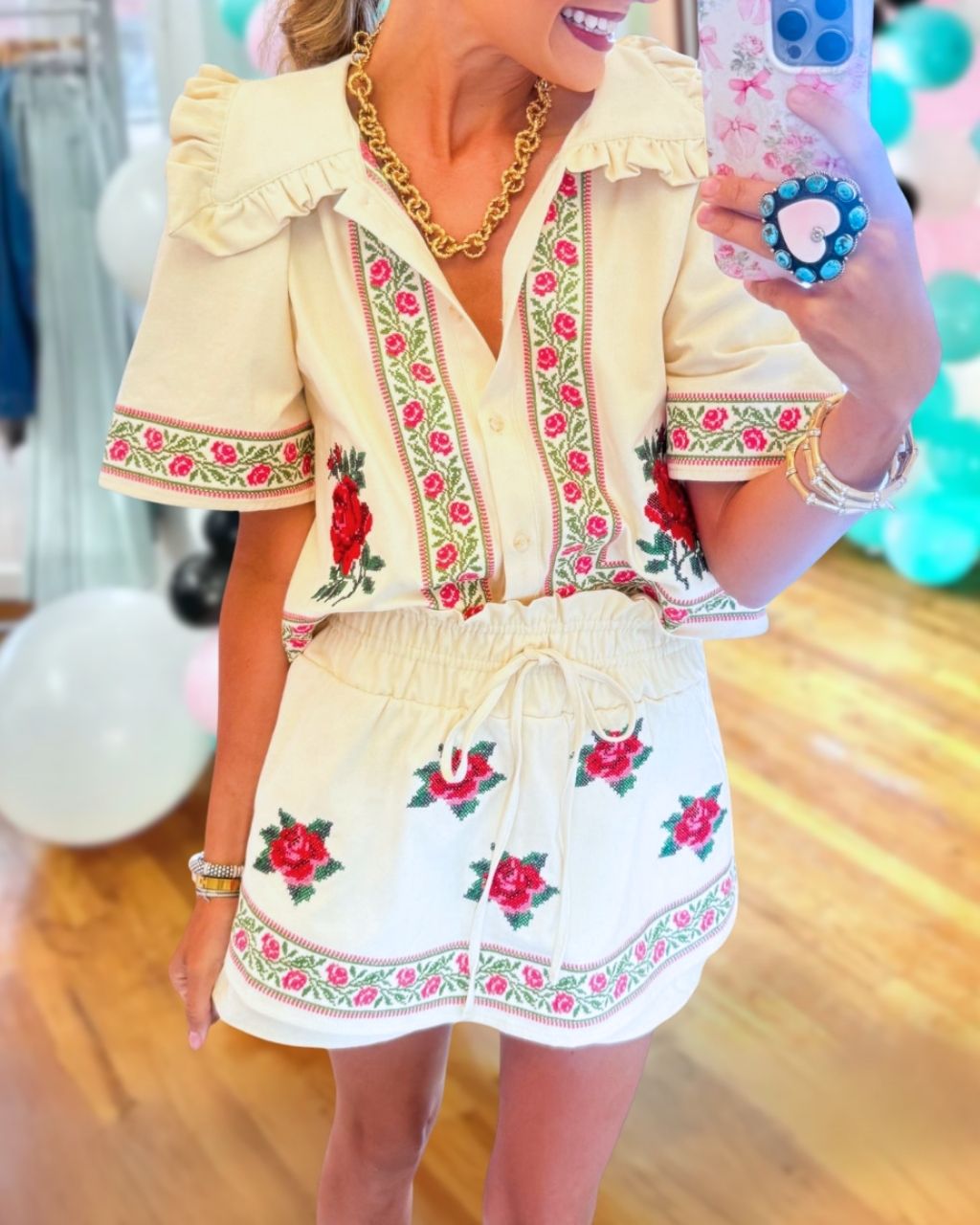 Floral-embroidered Collared Skirt Set