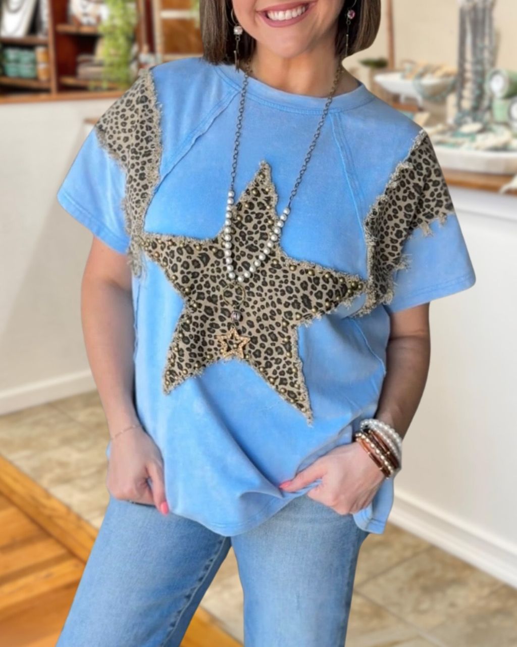 Leopard Star Patch Rhinestone Top