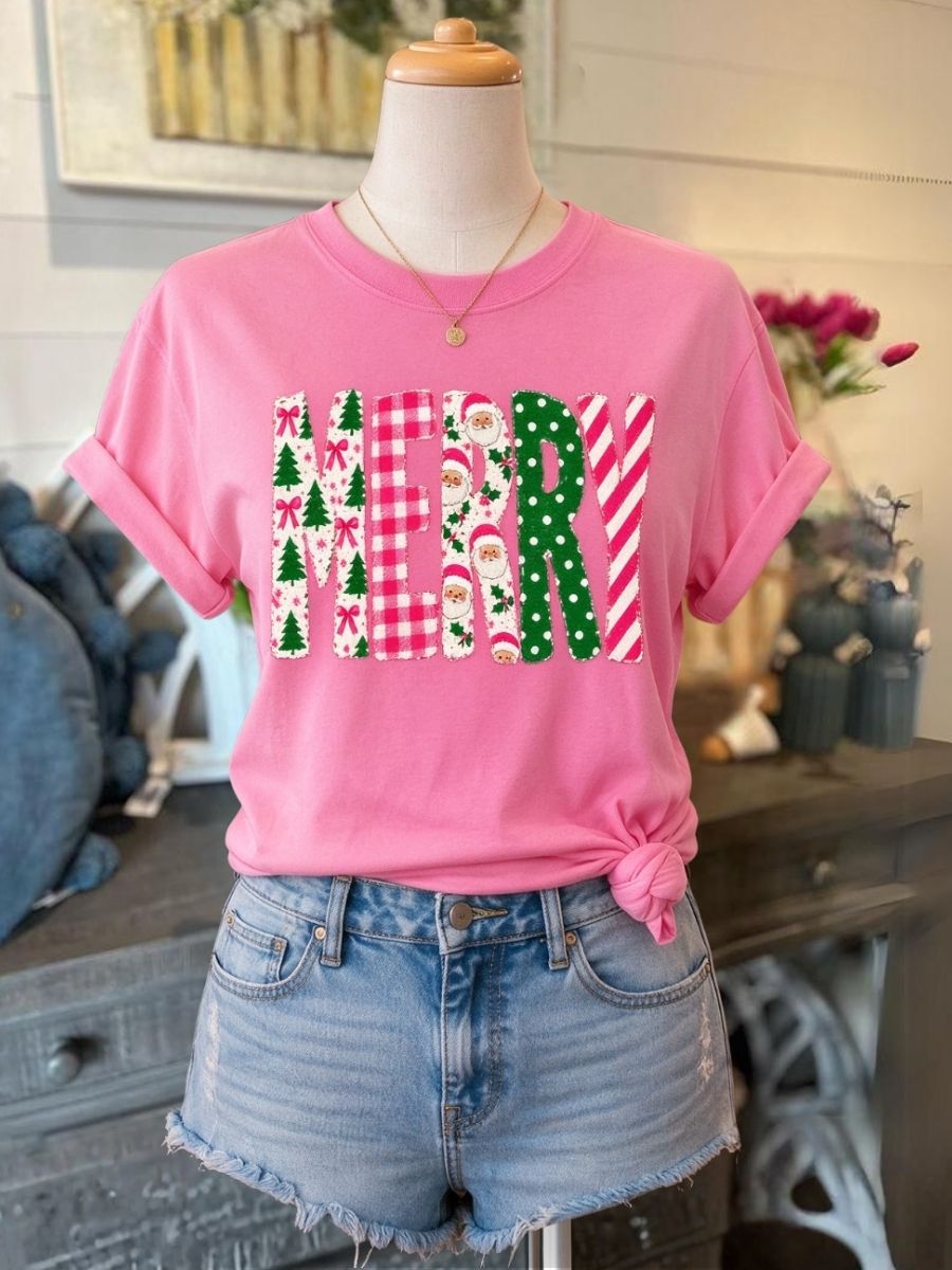 "MERRY" Embroidered Christmas Tree T-Shirt