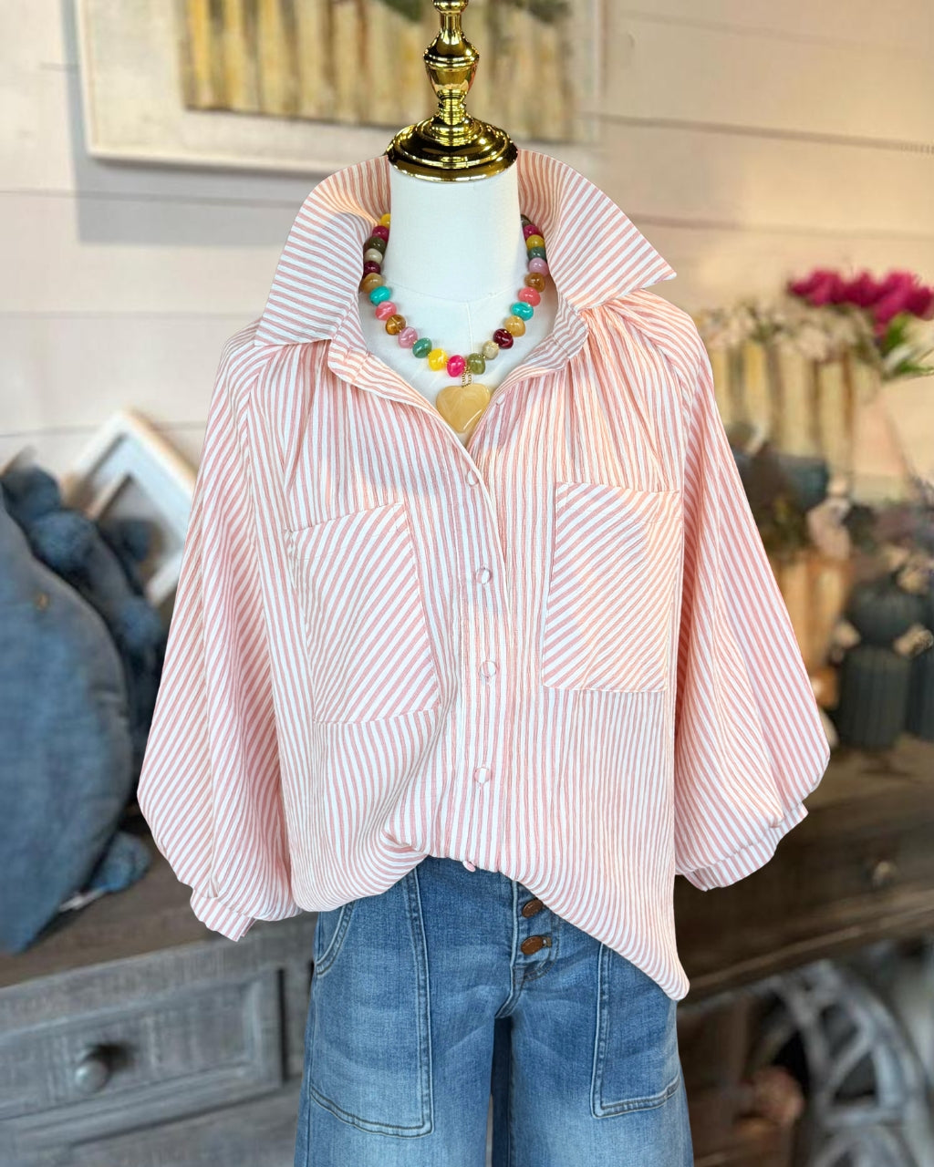 Stylish Puff Sleeves Striped Shirt