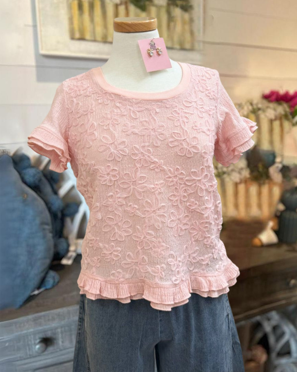 Ruffled Floral Textured Jacquard Top
