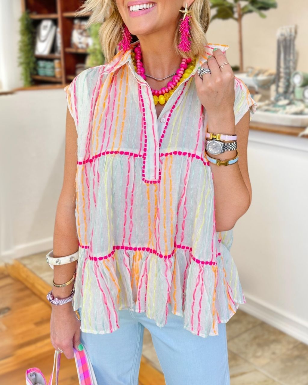 Paneled Striped Jacquard Sleeveless Top