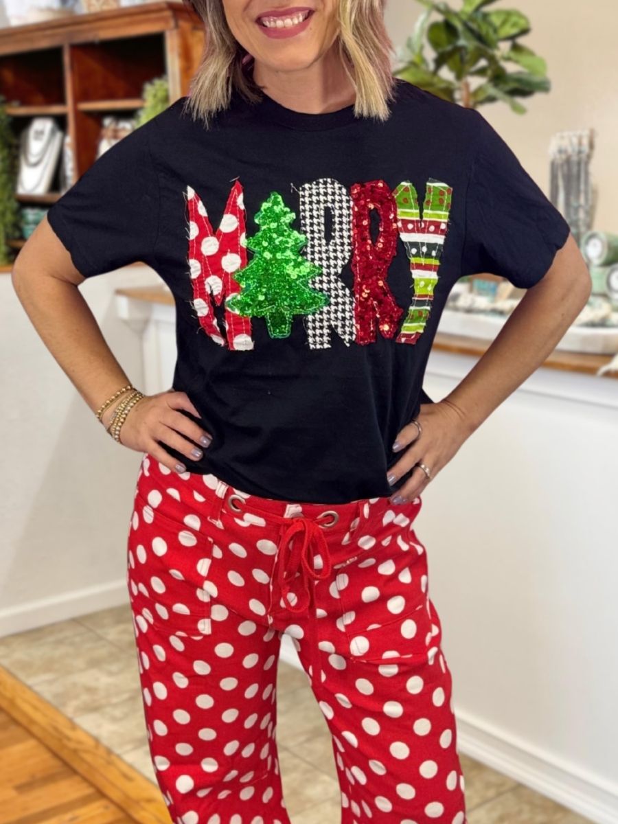 MERRY Christmas Tree Sequin Holiday T-Shirt
