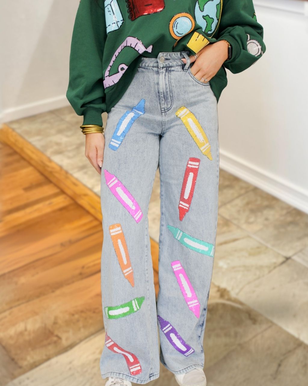Colored Crayon Sequined Denim Pants