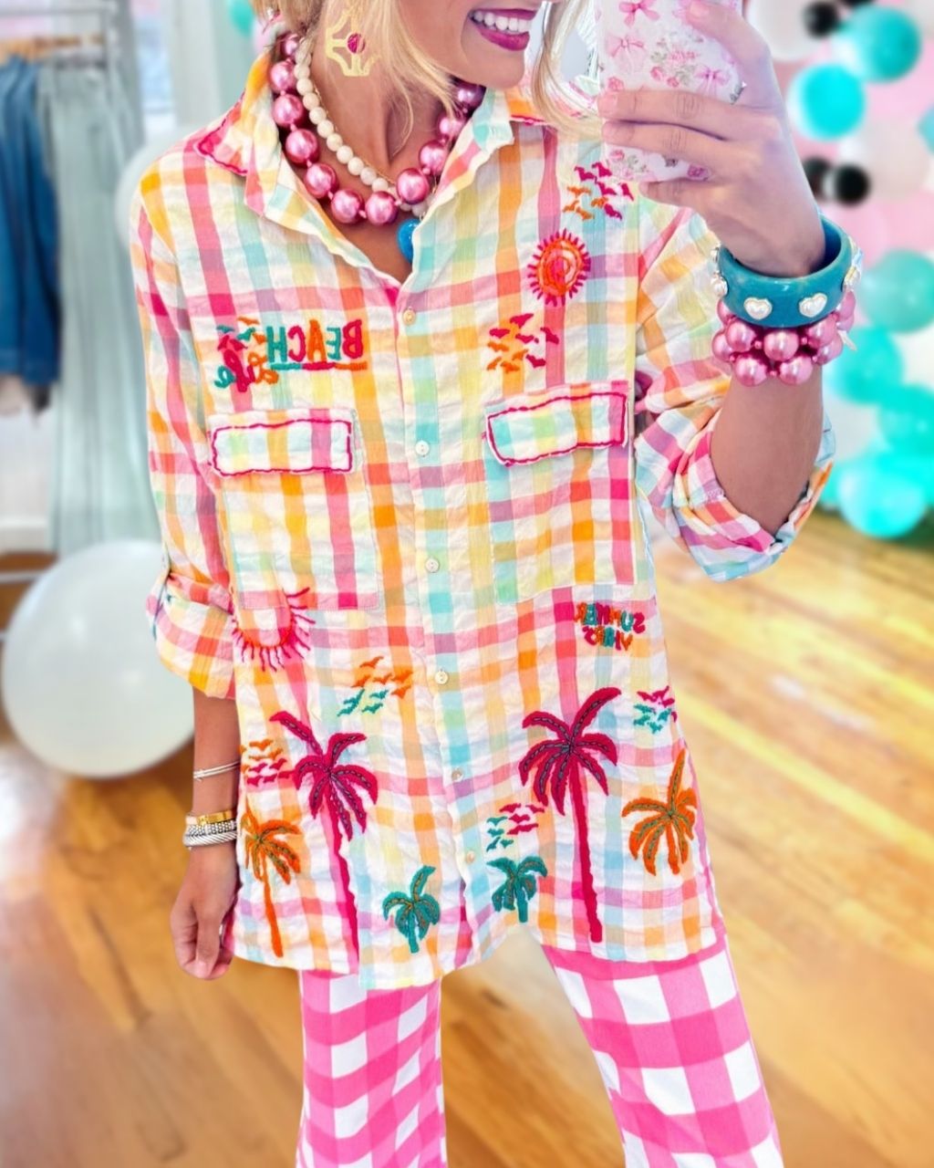 Colorful Plaid Palm Tree Embroidered Shirt