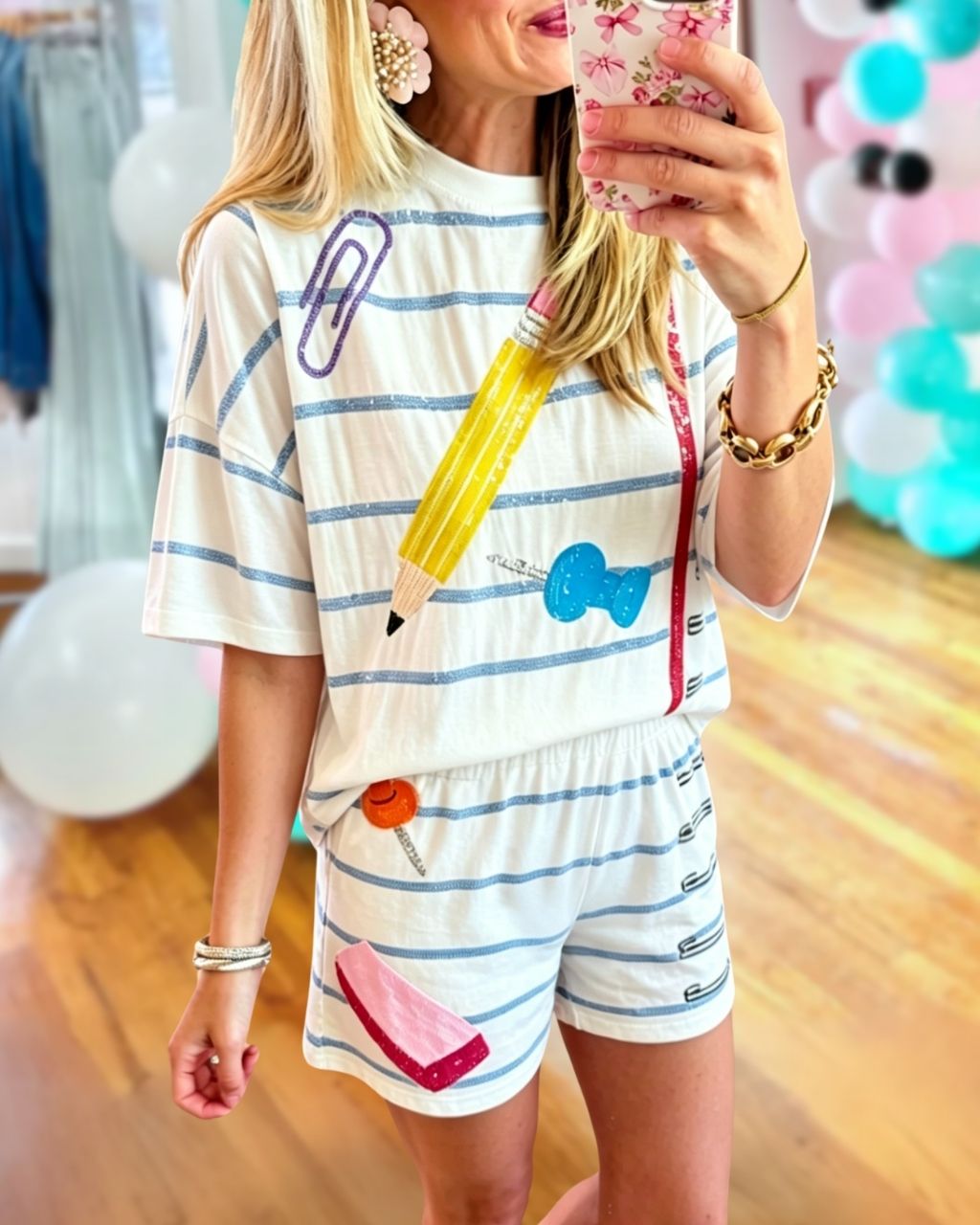 School Pencil Sequined Striped Set