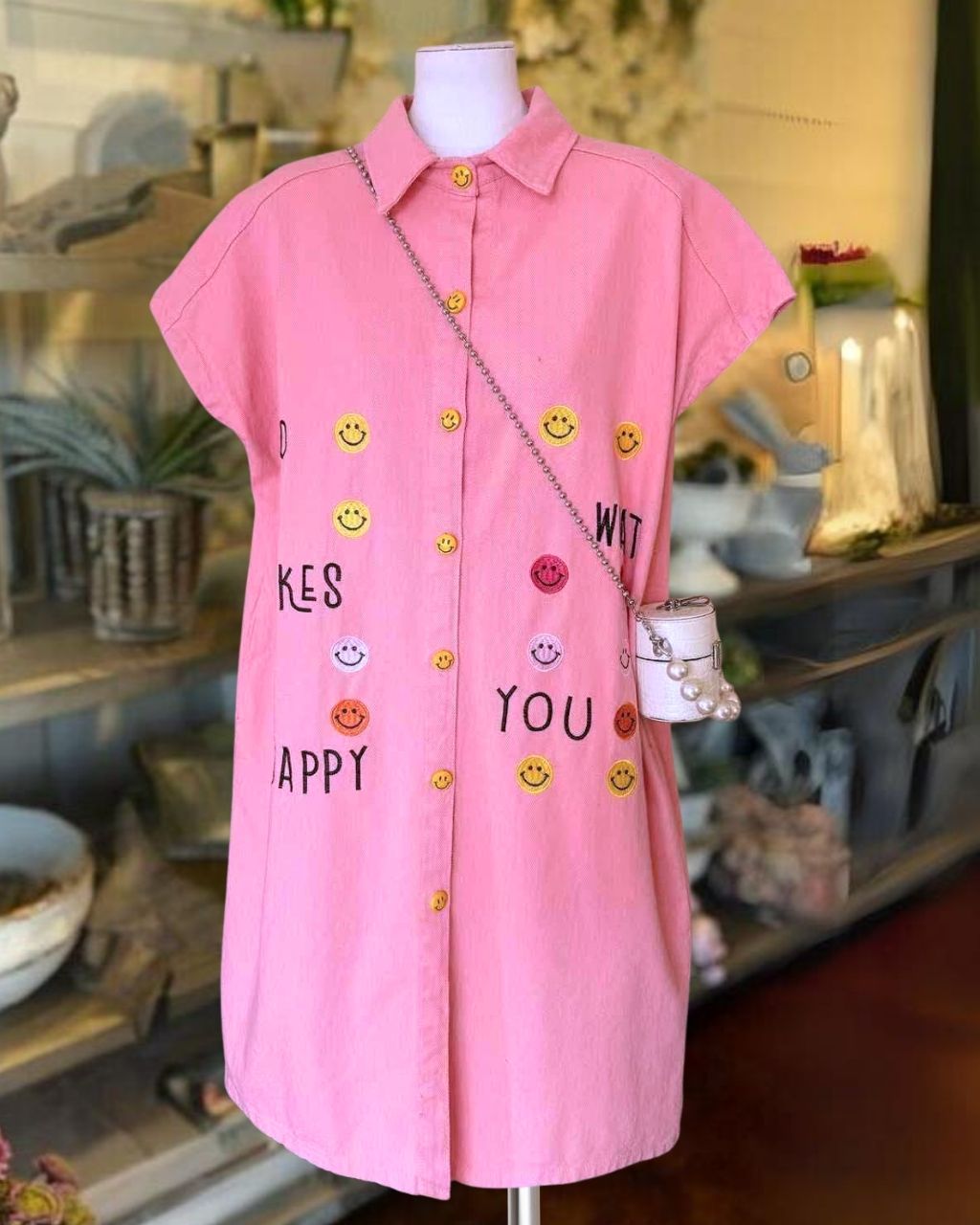 Smiley Face Embroidered Shirt Dress